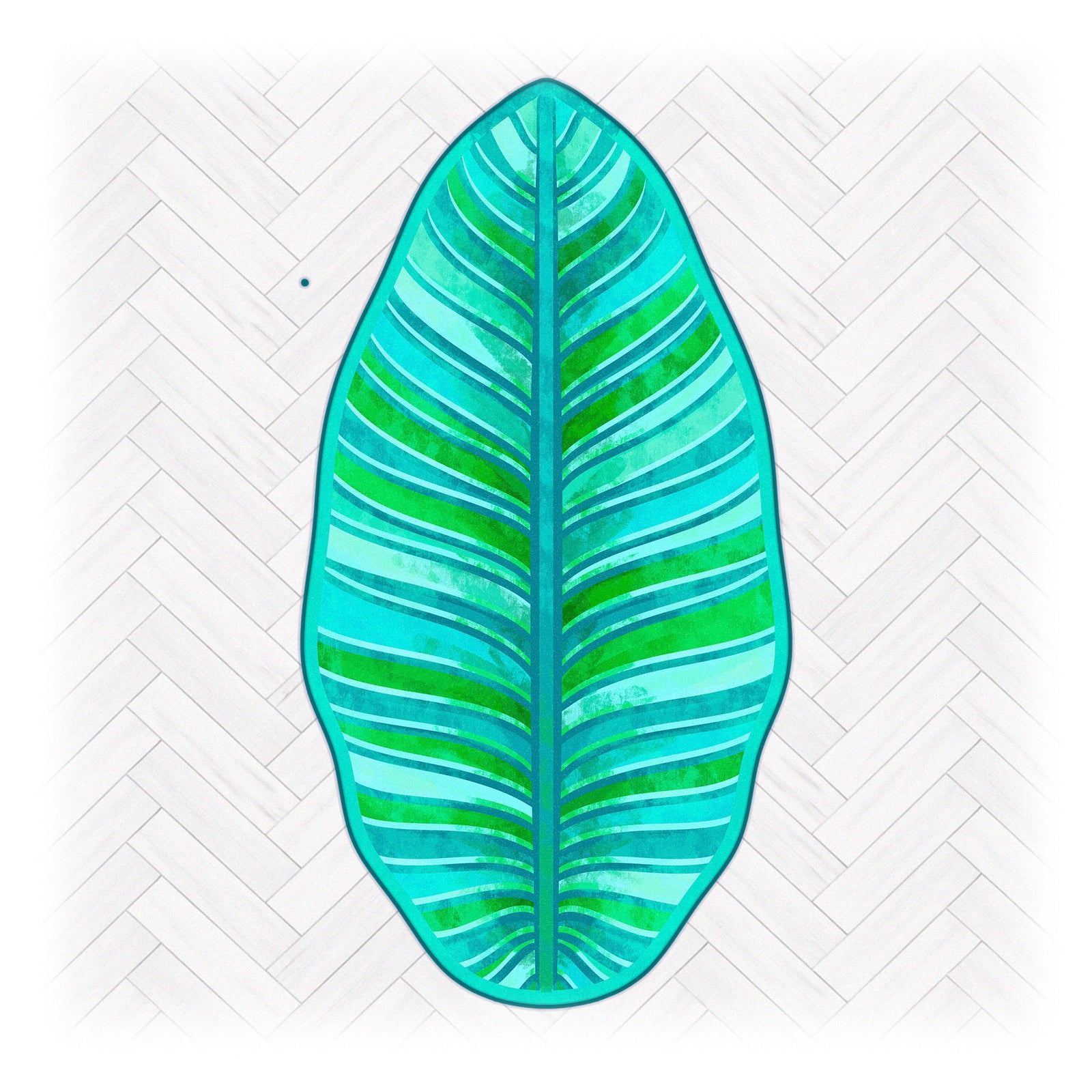 Superweicher Teppich im Design von Bine Brändle in Form eines Bananenblatts mit Motiv in Türkis und Grün, tropisch und modern gestaltet.
