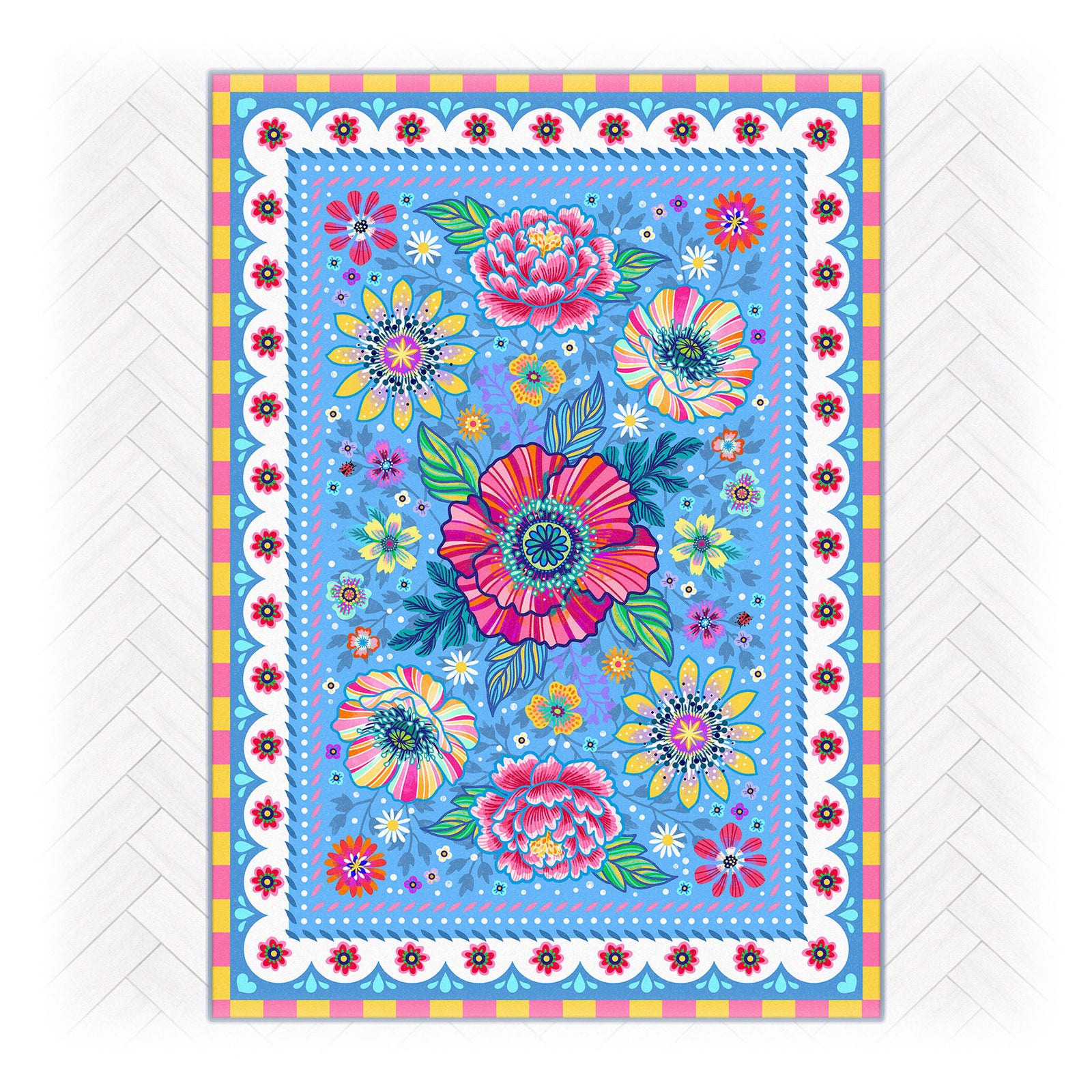 Superweicher Teppich im Design von Bine Brändle mit dem Motiv Blumenmeer Hellblau, lebendig und dekorativ gestaltet.

